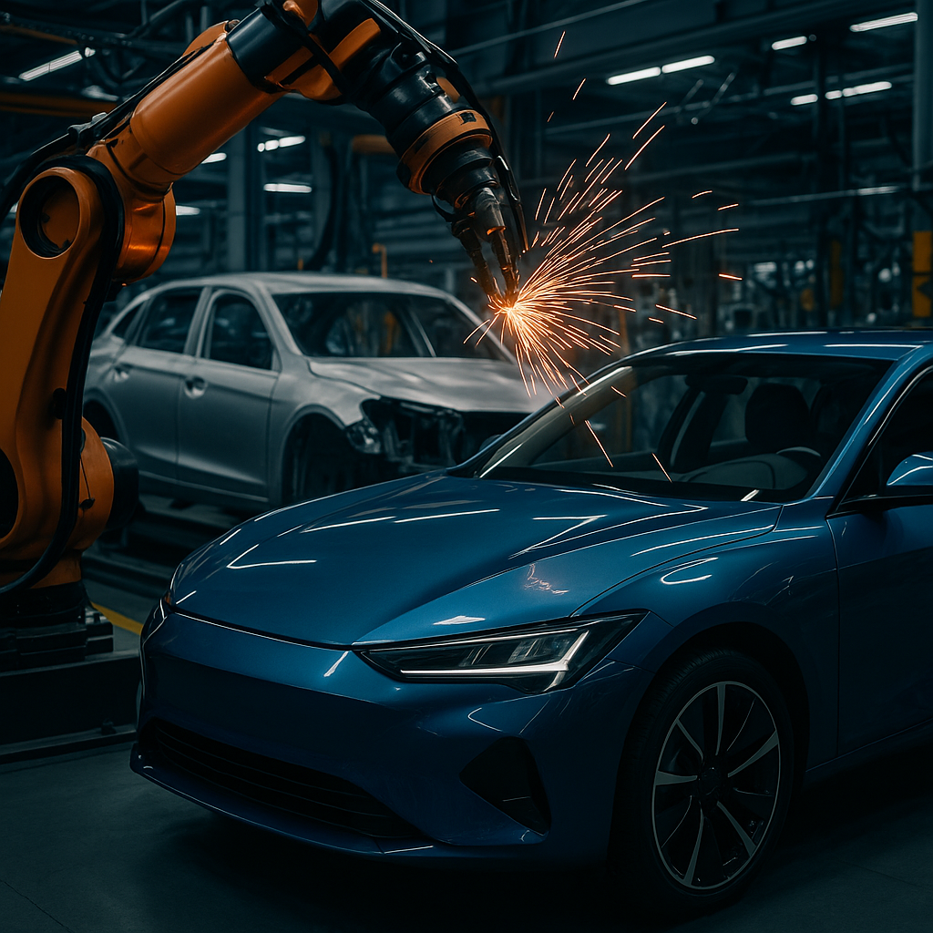 Robotic arm welding sheet metal on an electric car body in an automotive factory, showing automation and EV manufacturing trends in 2025.