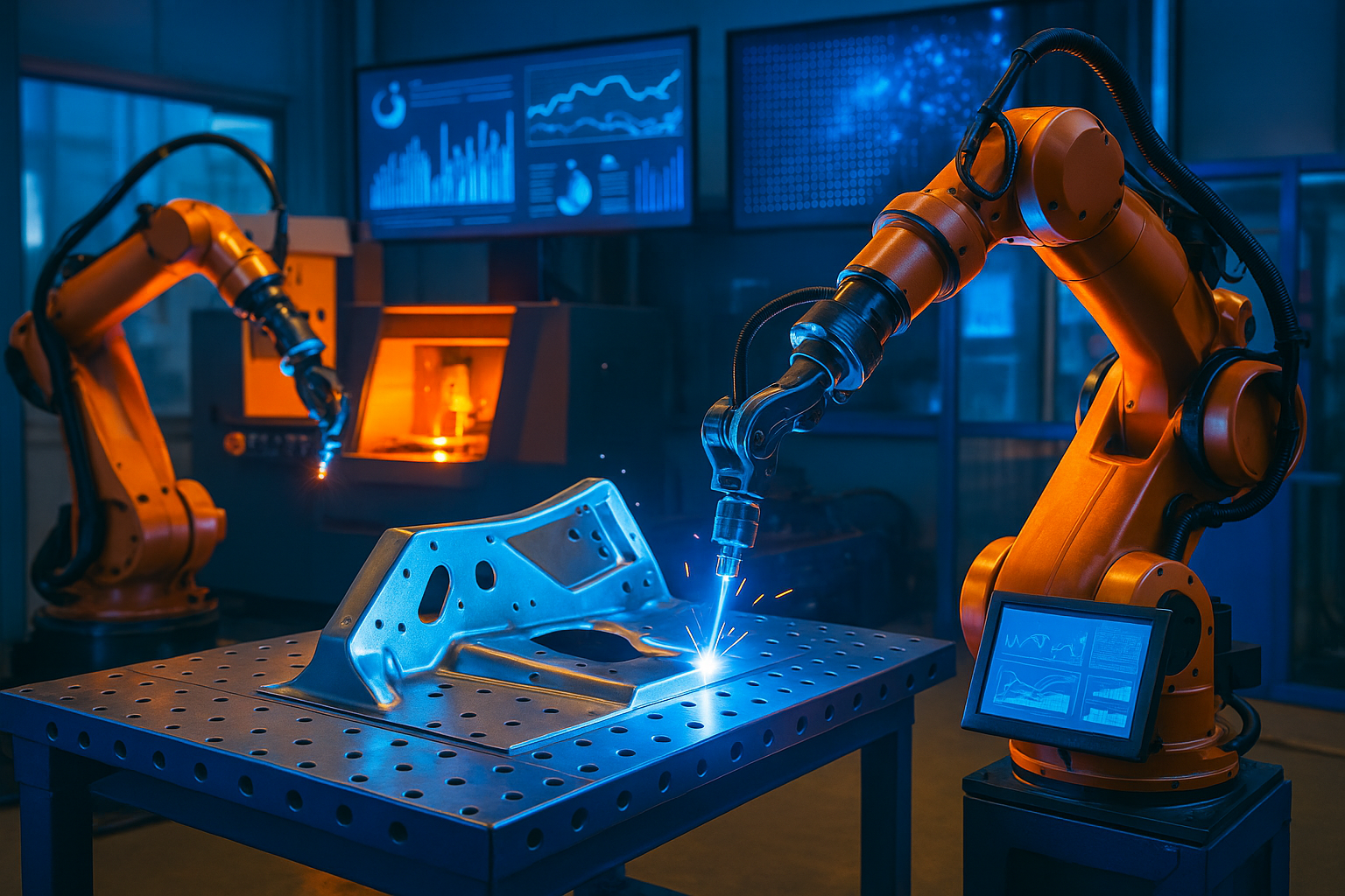 Robotic automation in a modern sheet metal fabrication workshop with AI-driven machines and sustainability-focused processes, 2025 trends