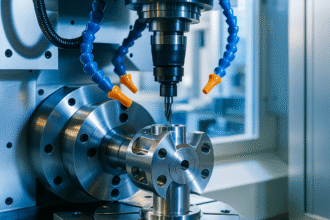Predictive maintenance CNC 2025 with AI anomaly detection dashboard in a bright modern machine shop