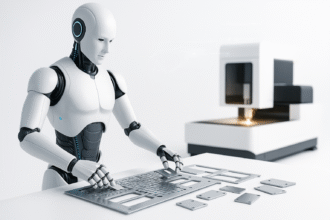 Humanoid robots in manufacturing de-nesting laser-cut metal parts in a bright sheet-metal cell