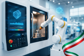 AI machine tool news: CNC control with robot arm at EMO 2025, digital-twin display and Italian flag accent