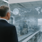 Executive analysing AI-driven smart factory data visualisation on transparent digital screen in a bright, modern manufacturing environment — AI in manufacturing 2025.