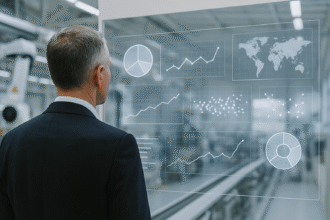 Executive analysing AI-driven smart factory data visualisation on transparent digital screen in a bright, modern manufacturing environment — AI in manufacturing 2025.
