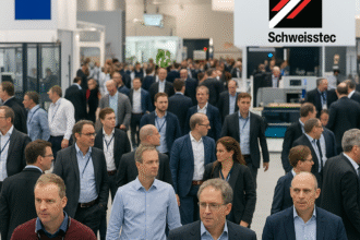 Visitors at Blechexpo and Schweisstec 2025 walking through a busy exhibition hall with the event logo visible on the right-hand side, showcasing industrial AI and automation displays.