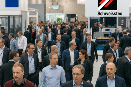 Visitors at Blechexpo and Schweisstec 2025 walking through a busy exhibition hall with the event logo visible on the right-hand side, showcasing industrial AI and automation displays.