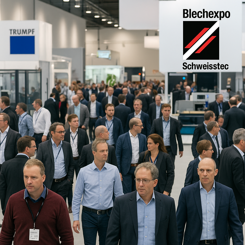 Visitors at Blechexpo and Schweisstec 2025 walking through a busy exhibition hall with the event logo visible on the right-hand side, showcasing industrial AI and automation displays.