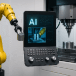 Vision-assisted CNC loading cell using AI-powered robotic arm to position metal parts for smarter automated machining.