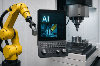 Vision-assisted CNC loading cell using AI-powered robotic arm to position metal parts for smarter automated machining.