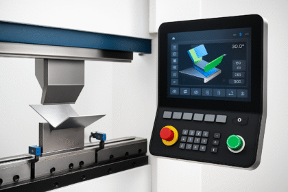 Smart sheet bending system with advanced CNC press brake and real-time AI tooling interface in a modern metal fabrication workshop