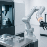 AI in machine tools: robotic arm operating beside a modern CNC machining centre with precision metal parts on a clean, bright factory workstation.