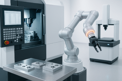 AI in machine tools: robotic arm operating beside a modern CNC machining centre with precision metal parts on a clean, bright factory workstation.