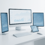 Modern white workspace with multiple high resolution screens displaying abstract data visuals representing AI in machine tools industry trends for this week.
