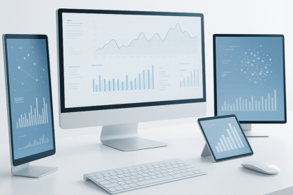 Modern white workspace with multiple high resolution screens displaying abstract data visuals representing AI in machine tools industry trends for this week.