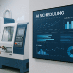 AI scheduling systems displayed on a digital production dashboard inside a modern CNC machining facility, showing utilisation and efficiency charts for automated factory scheduling