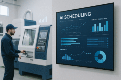 AI scheduling systems displayed on a digital production dashboard inside a modern CNC machining facility, showing utilisation and efficiency charts for automated factory scheduling