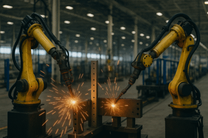 AI powered robotic welding arms working on a car body in an automotive factory with bright sparks and a blurred industrial background