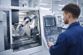 AI in Dutch manufacturing shown through a modern automated CNC machining cell operating inside a bright European factory