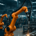 AI in Italian manufacturing with robotic welding arms operating on a metal component inside a modern factory.