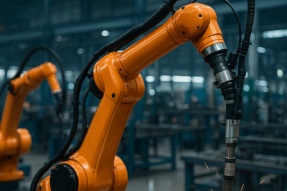 AI in Italian manufacturing with robotic welding arms operating on a metal component inside a modern factory.