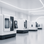 Bright white CNC machining workshop with modern enclosed machines arranged in a clean European factory environment, created for an article about industrial AI announcements Europe.