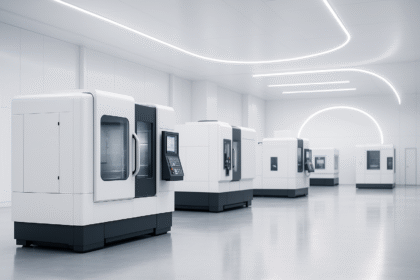 Bright white CNC machining workshop with modern enclosed machines arranged in a clean European factory environment, created for an article about industrial AI announcements Europe.