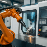 Edge AI vs Cloud AI for machine tools shown through an advanced robotic arm working inside a modern CNC machine in a bright industrial environment.