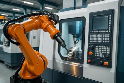 Edge AI vs Cloud AI for machine tools shown through an advanced robotic arm working inside a modern CNC machine in a bright industrial environment.