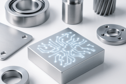 AI in metal manufacturing shown through polished industrial components surrounding a glowing metallic block with subtle circuit patterns on a bright white surface.