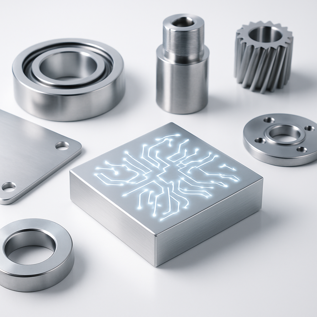 AI in metal manufacturing shown through polished industrial components surrounding a glowing metallic block with subtle circuit patterns on a bright white surface.