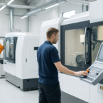 AI in German manufacturing shown through a CNC machine operator working in a modern automated factory environment