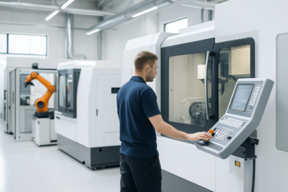 AI in German manufacturing shown through a CNC machine operator working in a modern automated factory environment