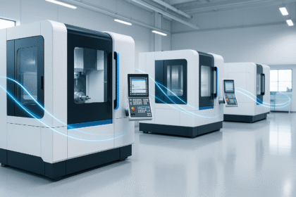 Bright white European CNC machining area with multiple modern machines arranged in a clean smart factory layout, representing Europe smart factory shift 2026.