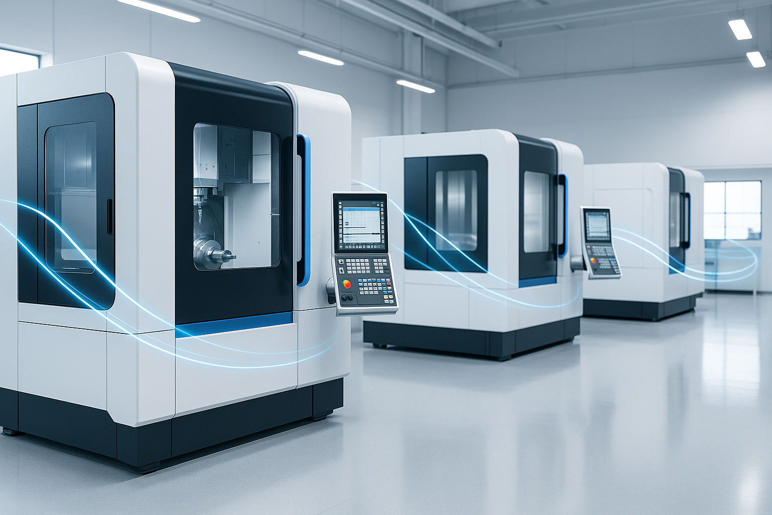 Bright white European CNC machining area with multiple modern machines arranged in a clean smart factory layout, representing Europe smart factory shift 2026.