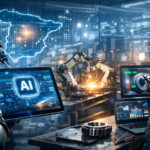 AI in Spanish manufacturing shown through robotic automation, CNC machining, predictive maintenance dashboards, and AI-driven quality inspection inside a modern factory environment.