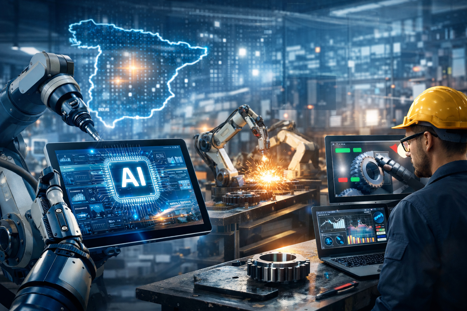 AI in Spanish manufacturing shown through robotic automation, CNC machining, predictive maintenance dashboards, and AI-driven quality inspection inside a modern factory environment.