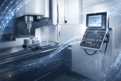 AI Adoption in Machine Tools in a glossy white CNC environment with subtle AI lighting