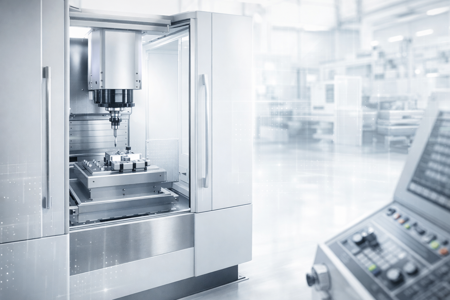 UK manufacturers AI adoption shown through a modern CNC machining centre in a bright, clean factory environment