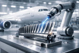 French aerospace suppliers use AI to inspect a polished turbine blade as a robotic sensor arm scans the surface in a bright, clean aerospace hangar with an aircraft in the background.