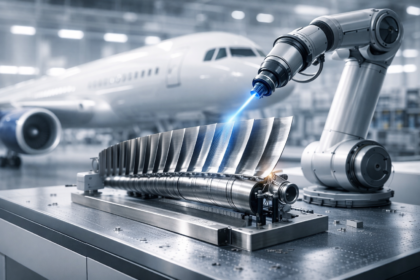 French aerospace suppliers use AI to inspect a polished turbine blade as a robotic sensor arm scans the surface in a bright, clean aerospace hangar with an aircraft in the background.