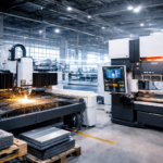 AI sheet metal automation Italy shown through a modern laser cutting machine and press brake in a bright, clean factory