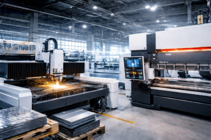 AI sheet metal automation Italy shown through a modern laser cutting machine and press brake in a bright, clean factory