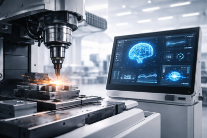 AI in machine tools 2026 shown through a modern CNC machining centre using intelligent control software in a clean, high-tech manufacturing environment