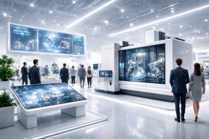 AI at CES 2026 trade show scene with CNC technology, digital twin displays and clean white industrial lighting