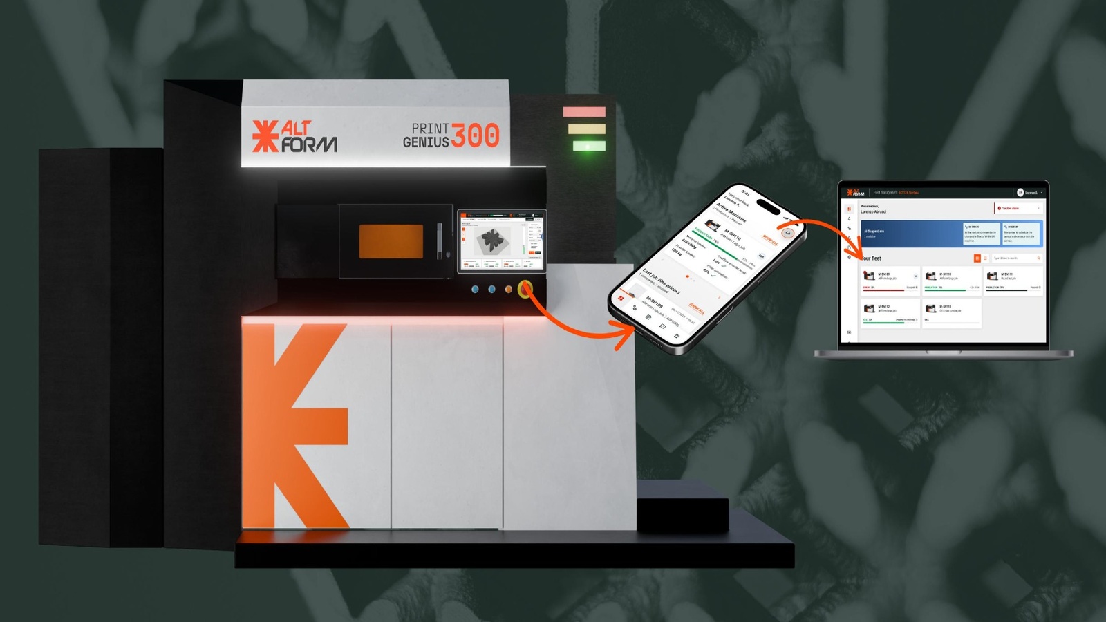 AltForm AI Powder Bed Fusion system with integrated machine interface, mobile monitoring app and fleet management platform