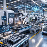AI Manufacturing Netherlands February 2026 advanced CNC machining cell with robotic machine tending in a bright smart factory environment