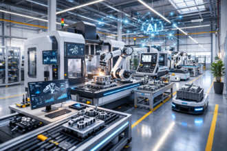 AI Manufacturing Netherlands February 2026 advanced CNC machining cell with robotic machine tending in a bright smart factory environment