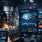 AI Predictive Maintenance France 2026 monitoring a high-value CNC machining centre with real-time vibration and thermal data analytics in a bright industrial environment