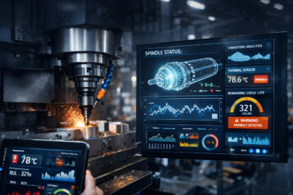 AI Predictive Maintenance France 2026 monitoring a high-value CNC machining centre with real-time vibration and thermal data analytics in a bright industrial environment