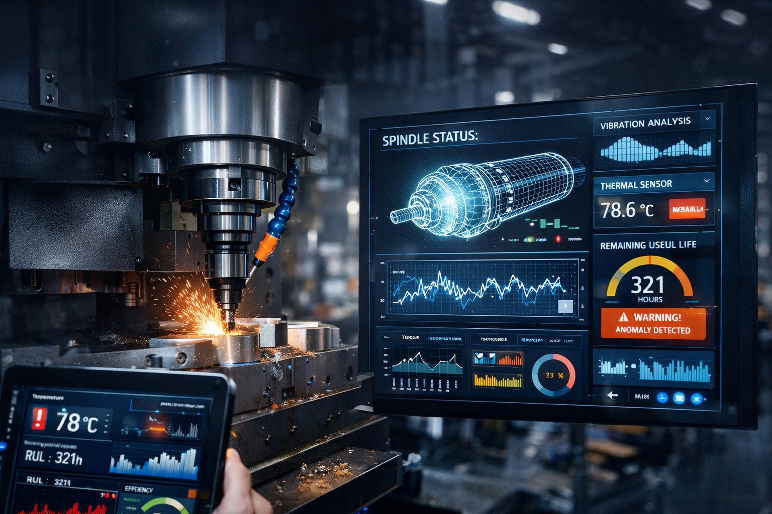 AI Predictive Maintenance France 2026 monitoring a high-value CNC machining centre with real-time vibration and thermal data analytics in a bright industrial environment