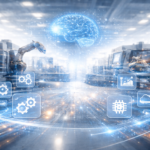AI in machine tools 2026 visualised as a connected digital network above precision metal manufacturing surfaces
